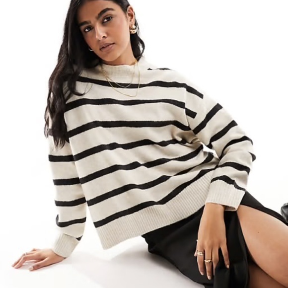 MNG Cream and Blue Striped Mock Neck Sweater - Picture 6 of 6